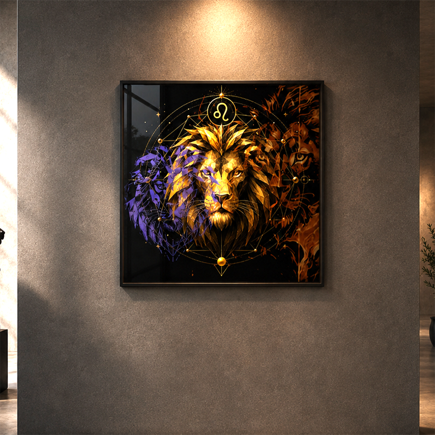 Poster Fine Art Leo en Tres Dimensiones con triple rostro leonino y geometría zodiacal sobre fondo negro