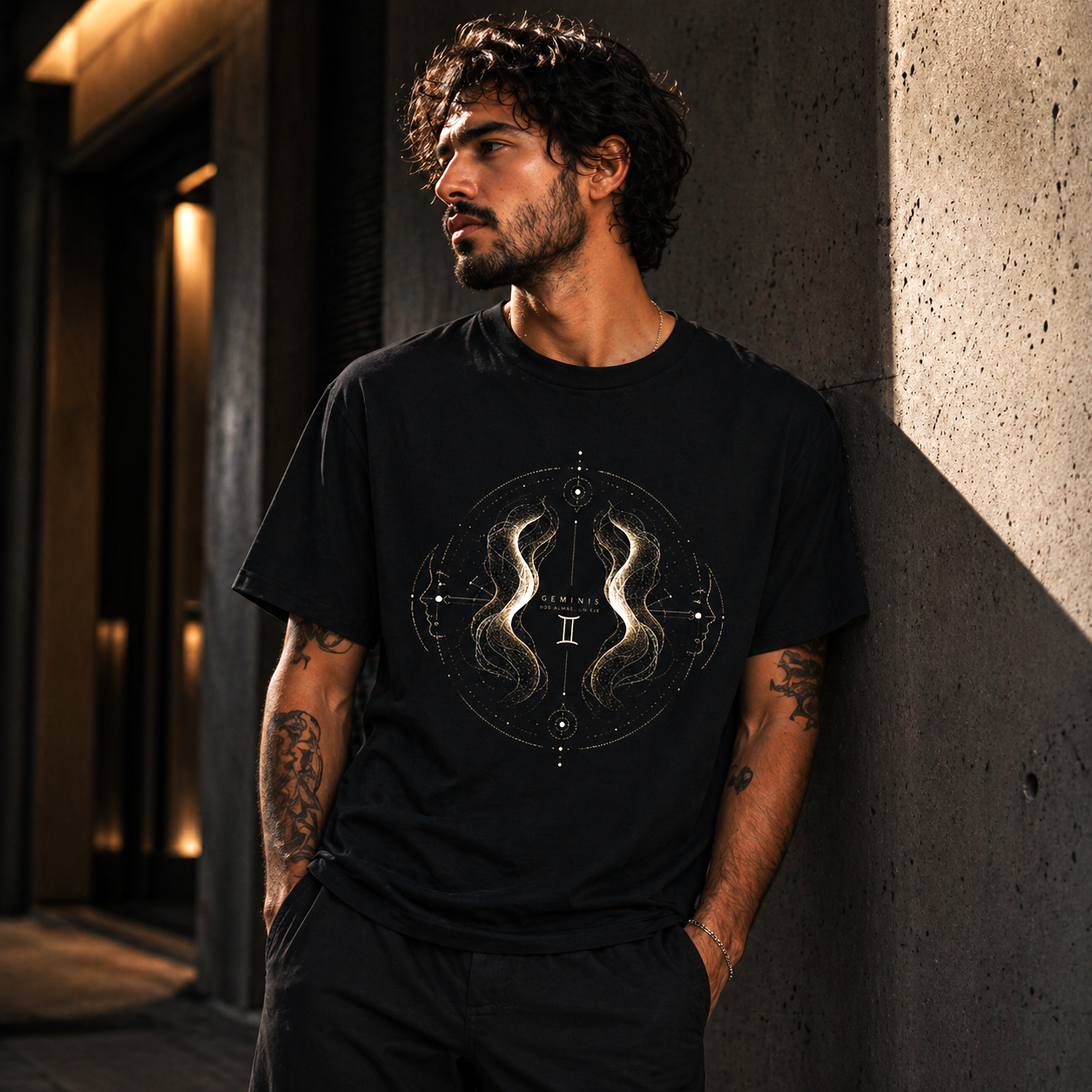 Camiseta negra Géminis con diseño energético vibracional en tonos dorados