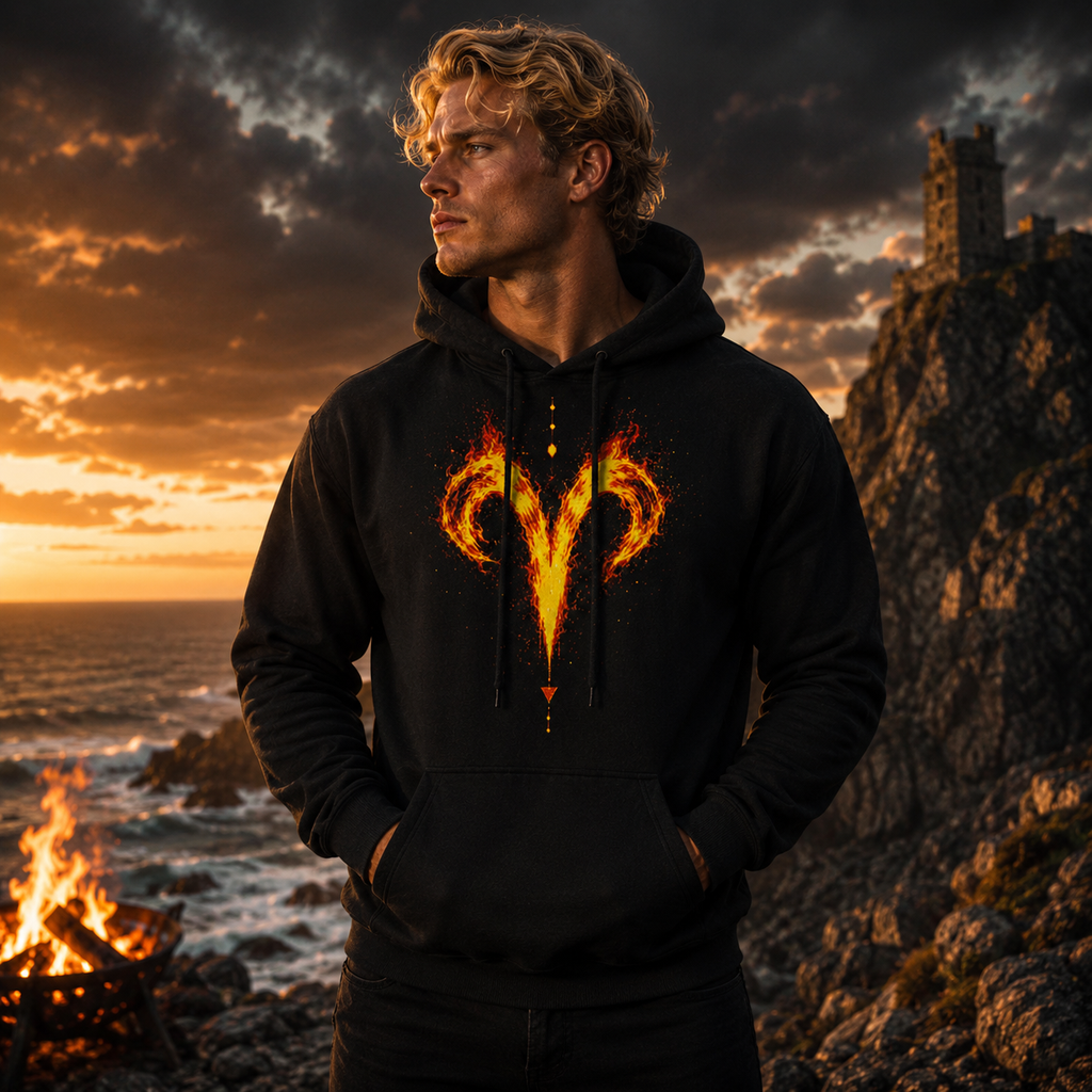 Modelo vistiendo hoodie negro Fuego Aries al atardecer