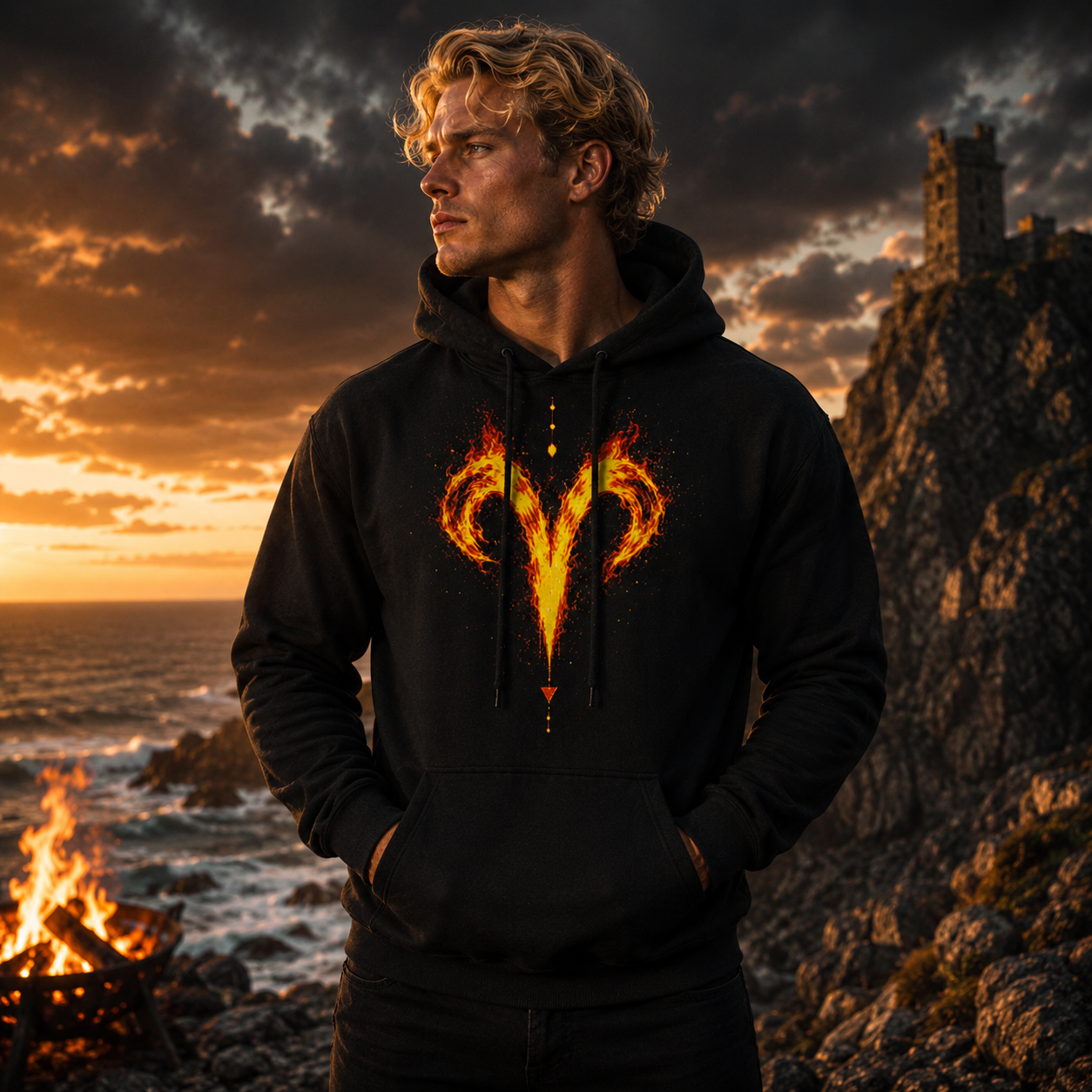 Modelo vistiendo hoodie negro Fuego Aries al atardecer