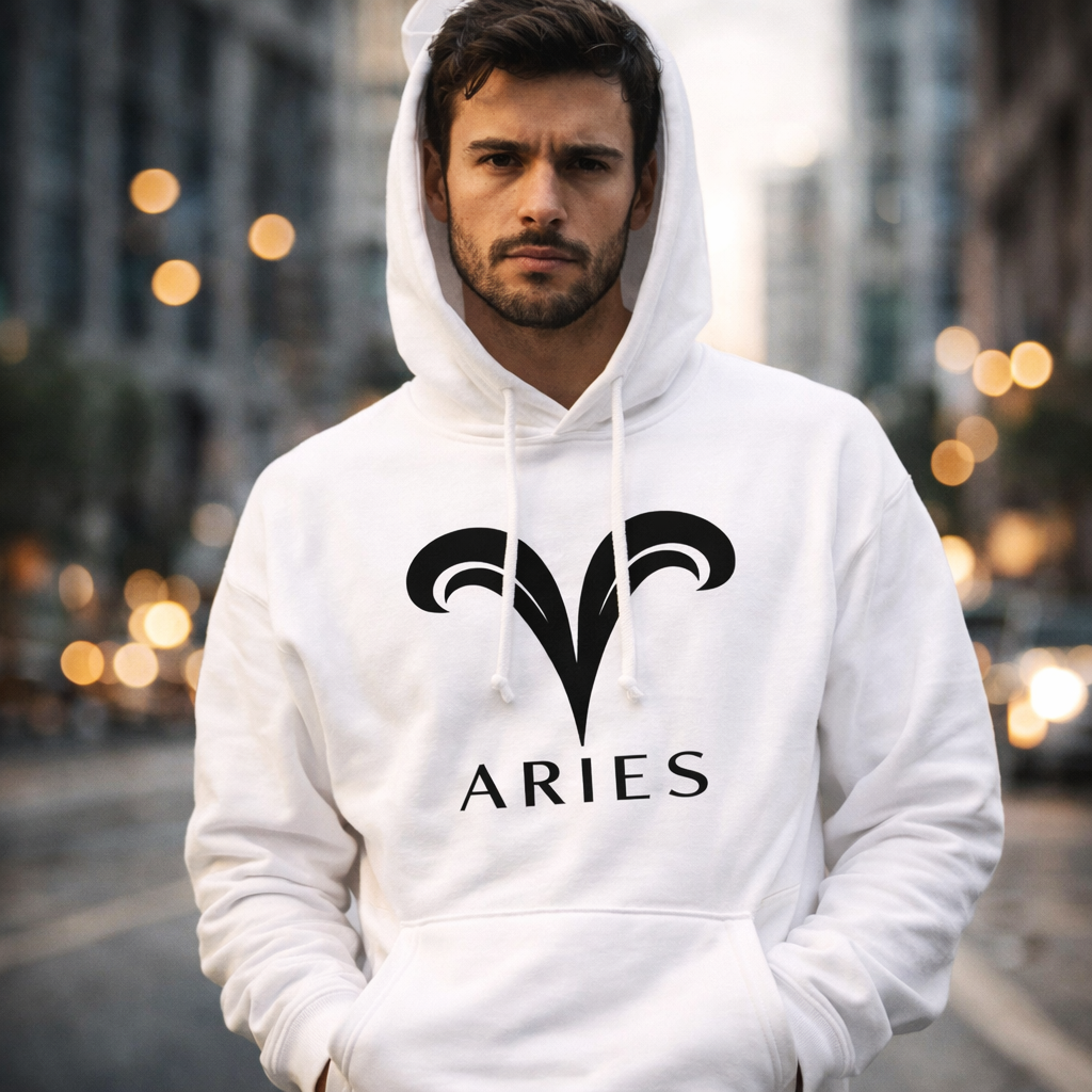 hoodie aries blanco diseño negro modelo urbano masculino