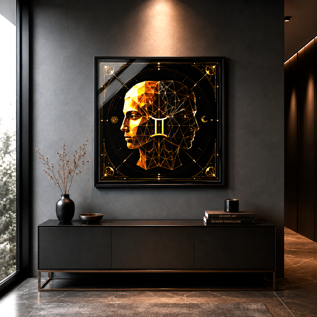 Poster artístico Géminis con composición geométrica y simbología zodiacal en ambiente minimalista contemporáneo.