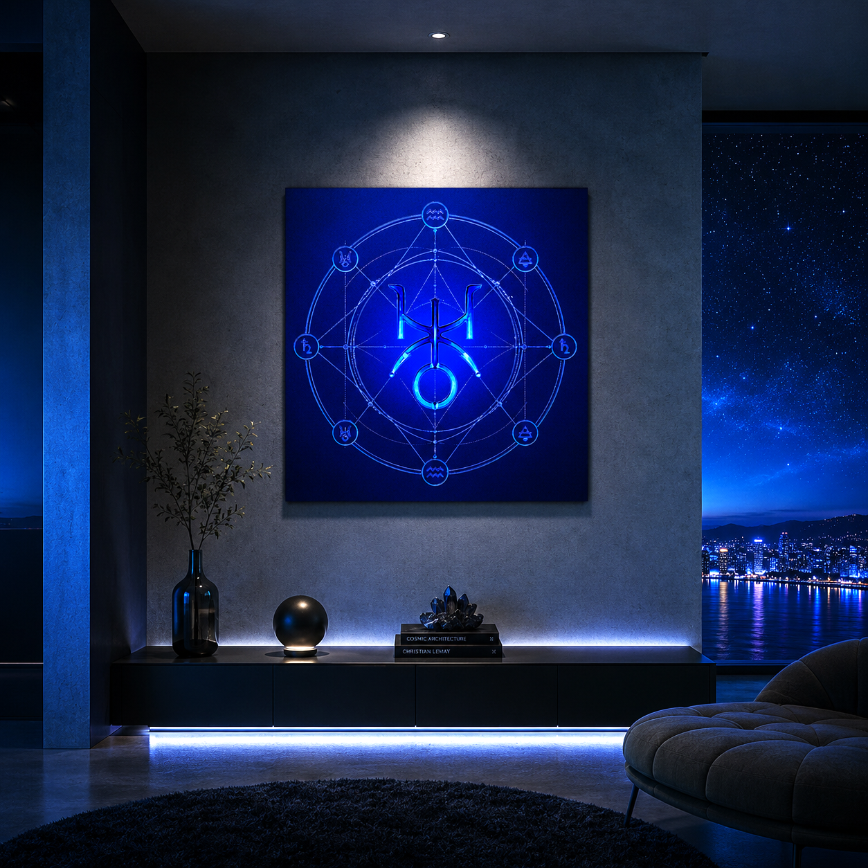 Obra zodiacal Acuario en salón moderno minimalista con iluminación azul