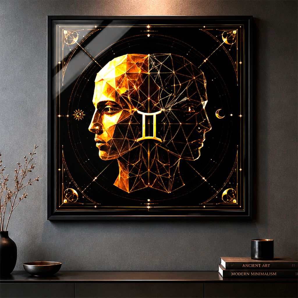 Poster Fine Art Geometría en Géminis exhibido en interior contemporáneo con marco elegante y ambientación sofisticada.