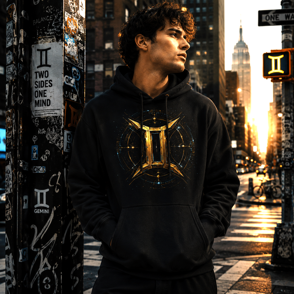 Hombre luciendo sudadera negra Géminis con diseño tribal inspirado en la dualidad zodiacal.