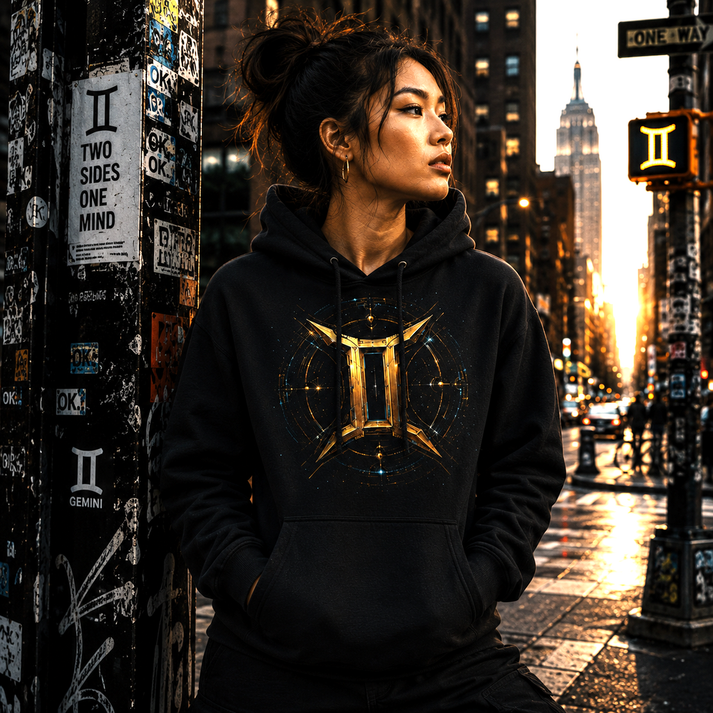 Mujer vistiendo Hoodie Negro Tribal Géminis con símbolo astrológico dorado en entorno urbano nocturno.