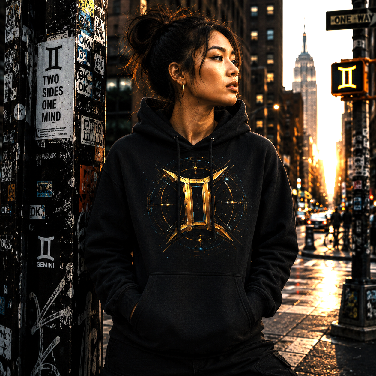 Mujer vistiendo Hoodie Negro Tribal Géminis con símbolo astrológico dorado en entorno urbano nocturno.