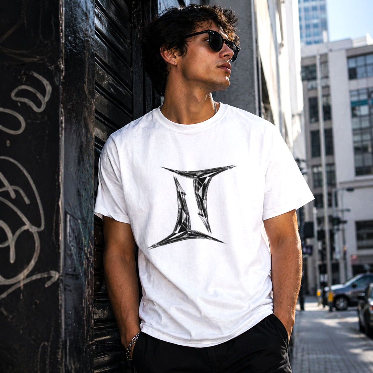 Modelo urbano vistiendo camiseta blanca Géminis diseño minimalista Astrálisis