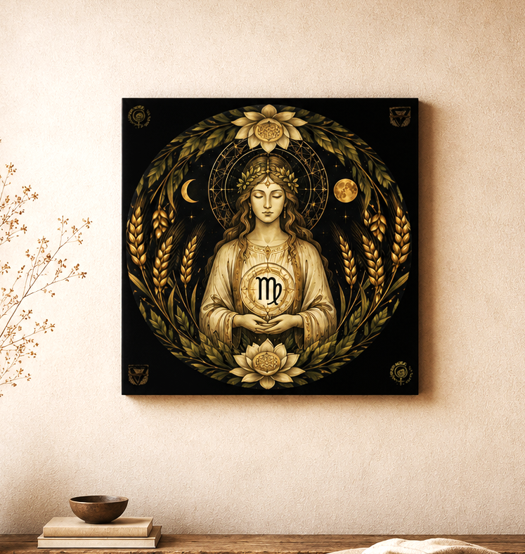 Vista frontal del Canvas Fine Art Sacerdotisa y Símbolos Virgo instalado sobre pared minimalista