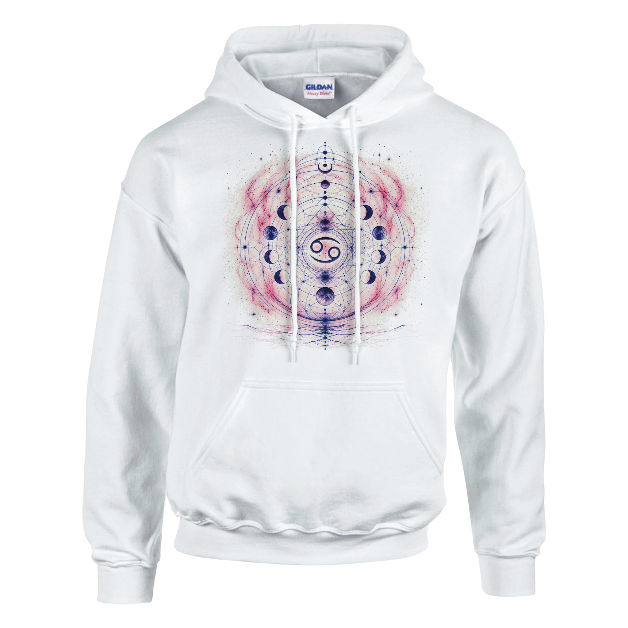 Hoodie blanco unisex con diseño zodiacal Cáncer y órbitas lunares artísticas