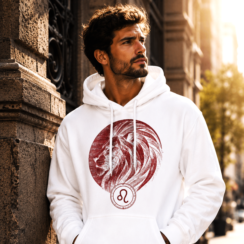 Hombre vistiendo sudadera blanca Leo Perfil Realeza colección Astrálisis