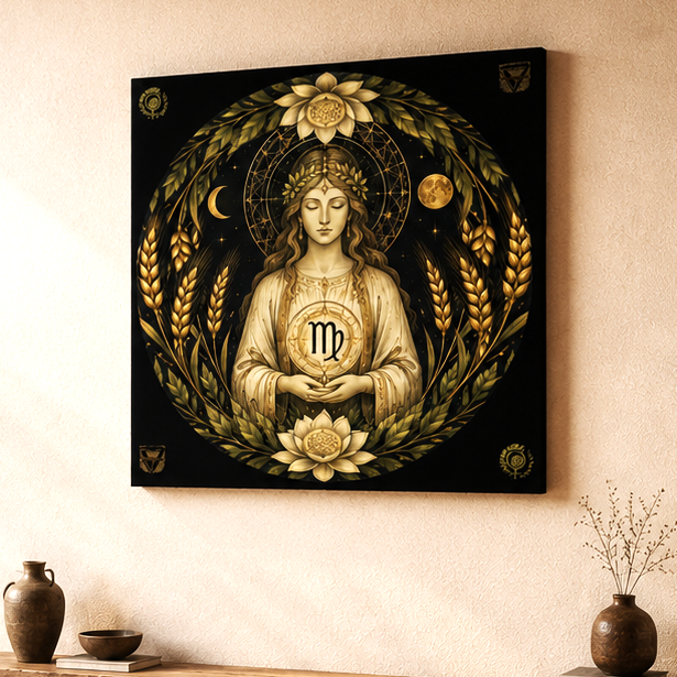 Sacerdotisa Virgo rodeada por geometría sagrada y símbolos zodiacales en composición artística