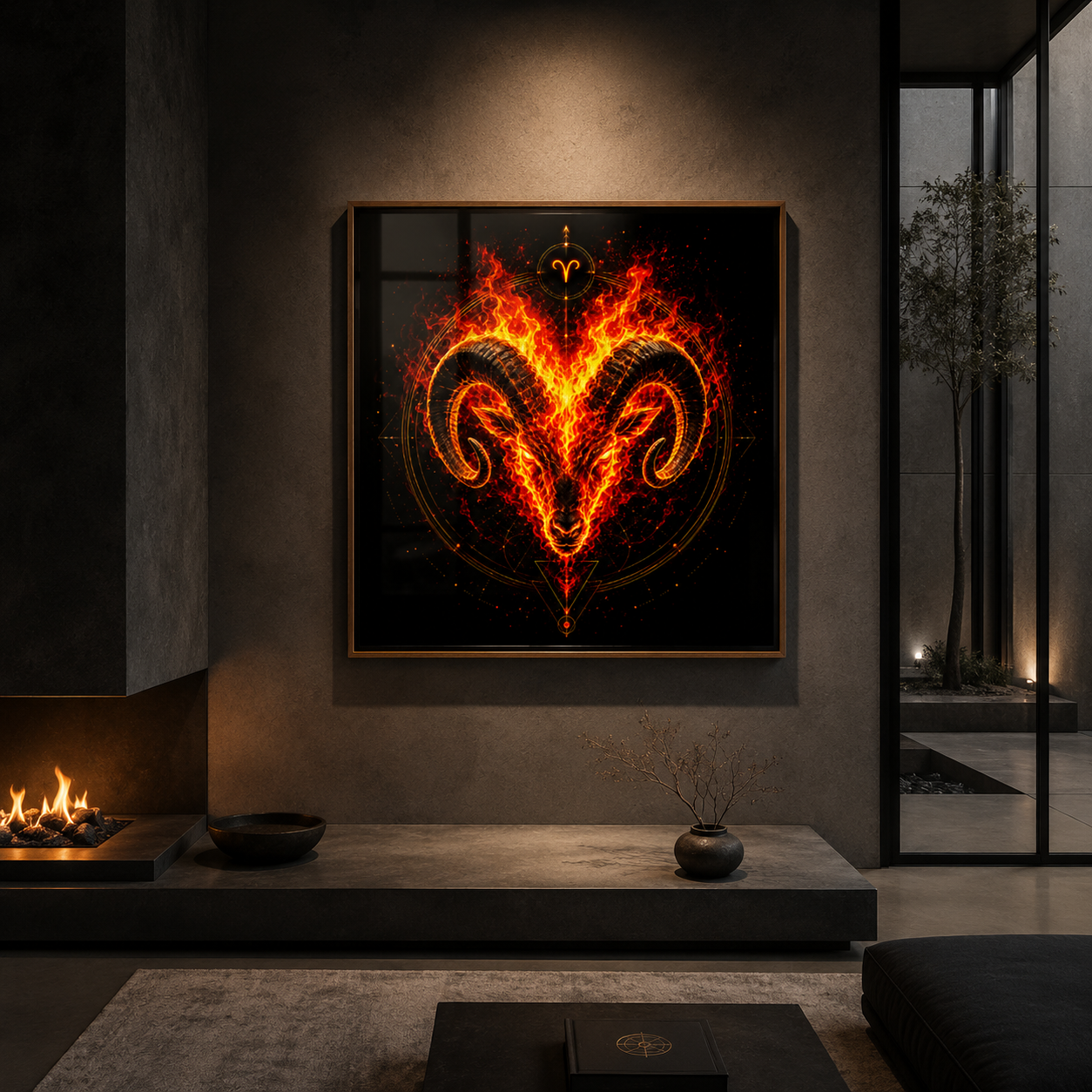 Poster Fine Art Aries con símbolo de fuego en interior contemporáneo