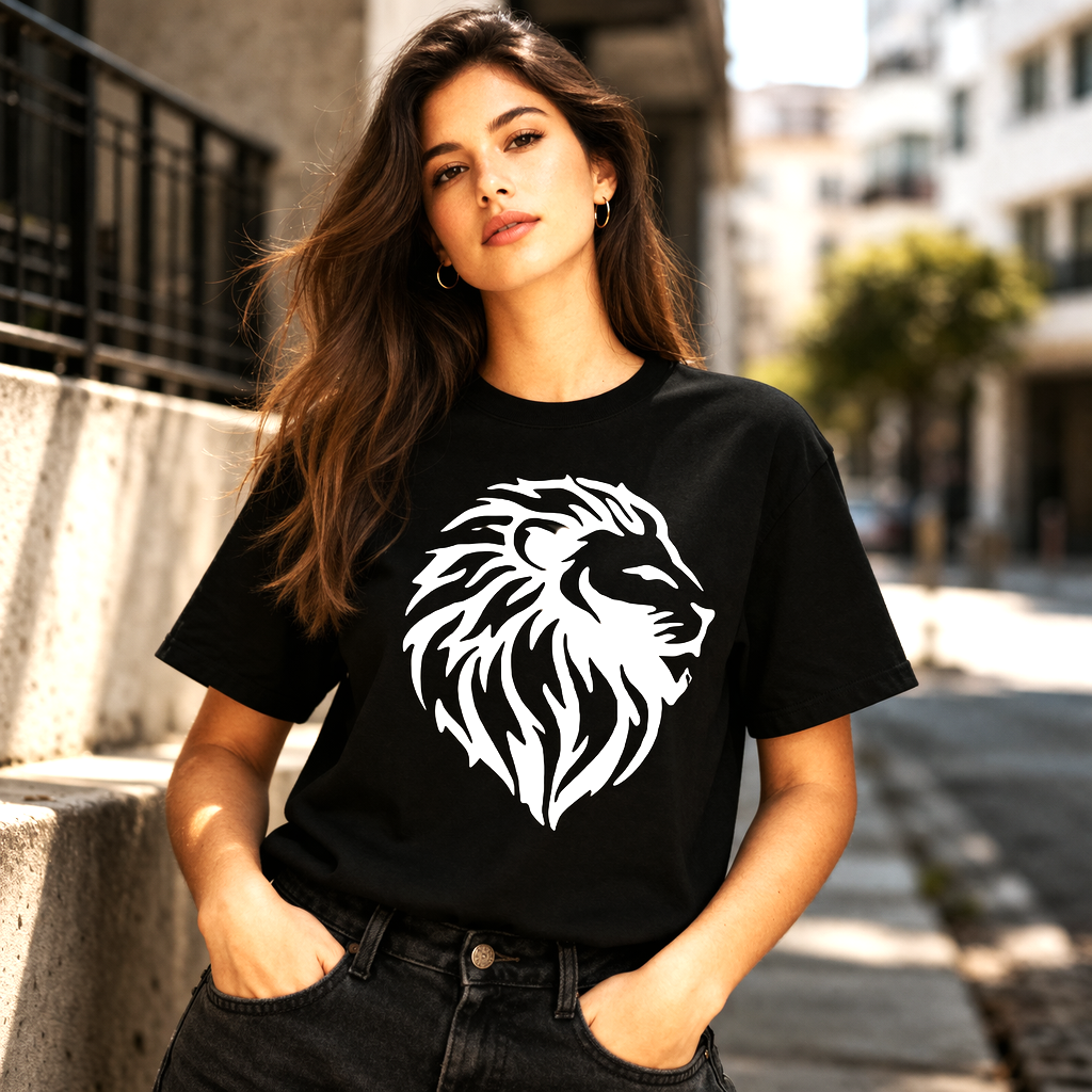 Camiseta negra Leo con diseño de león tribal – Astrálisis