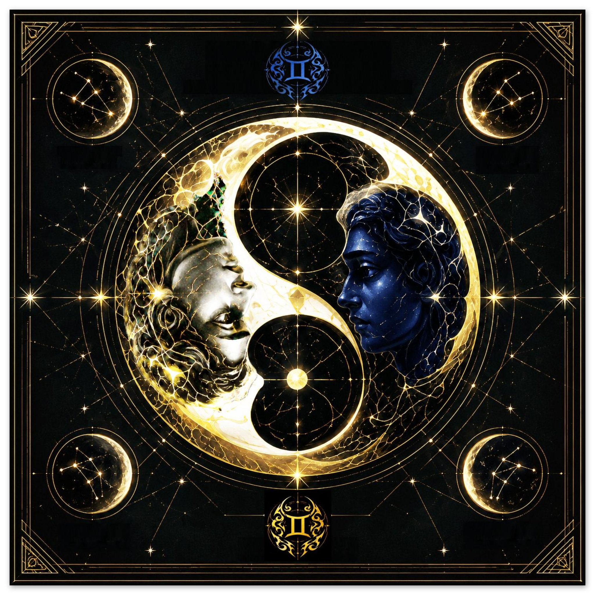 Diseño exclusivo Géminis con representación simbólica del equilibrio entre opuestos y conexión universal.