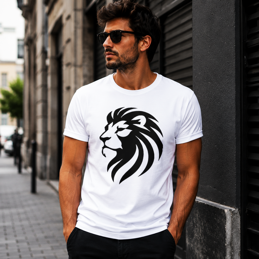 Hombre vistiendo camiseta blanca Leo Tribalista con ilustración tribal leonina de gran impacto visual