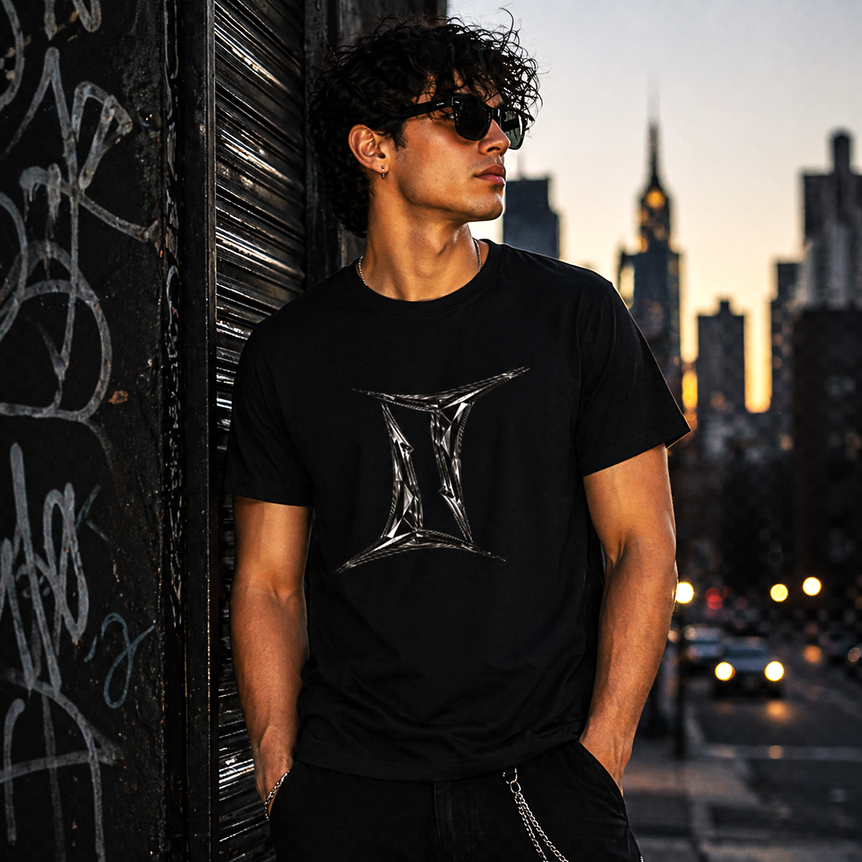 Camiseta negra con símbolo de Géminis minimalista estilo geométrico Astrálisis