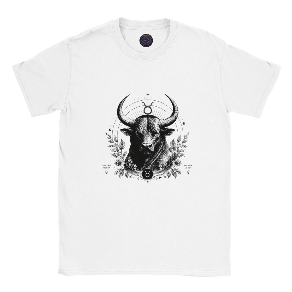 Camiseta blanca unisex con ilustración artística del signo zodiacal Tauro.