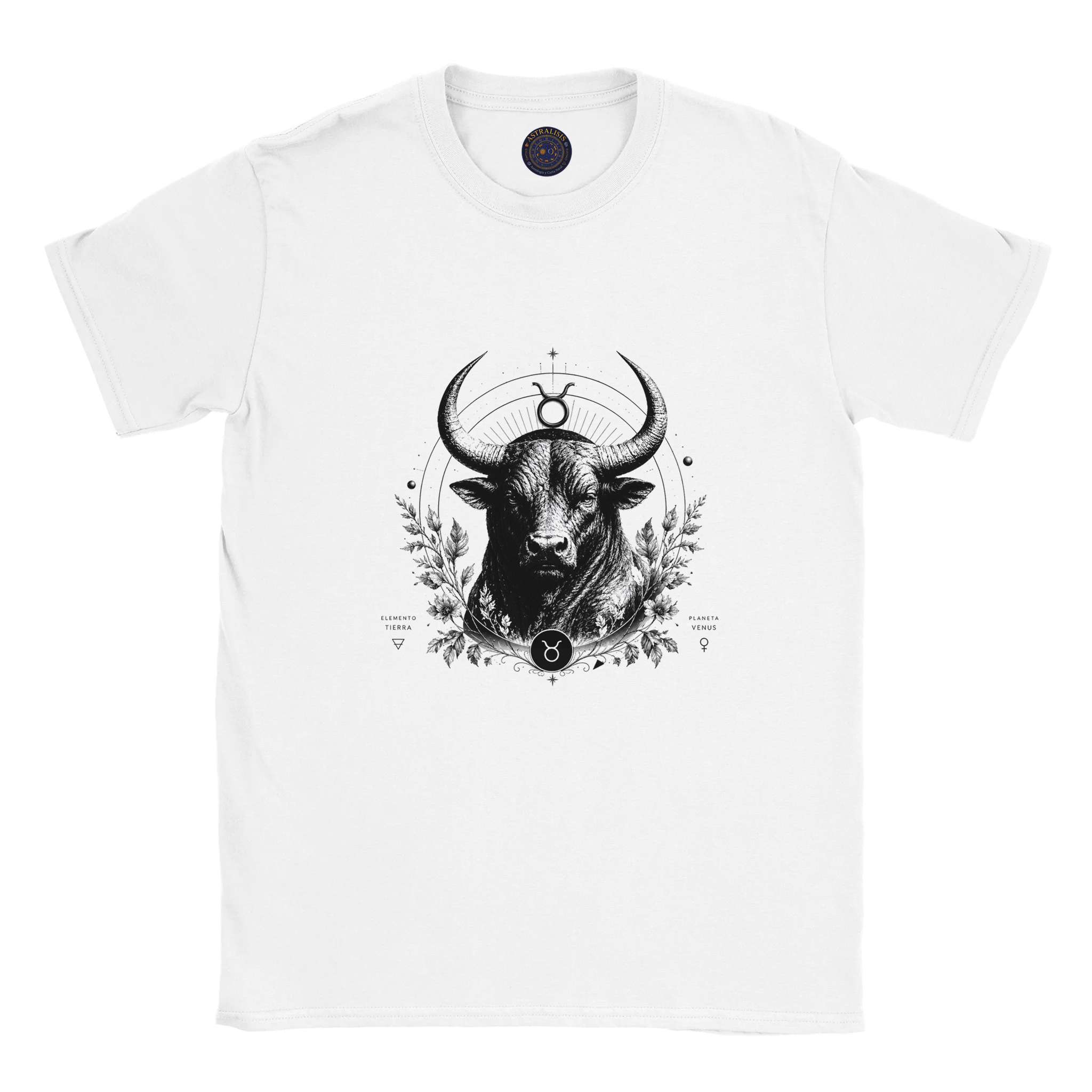 Camiseta blanca unisex con ilustración artística del signo zodiacal Tauro.