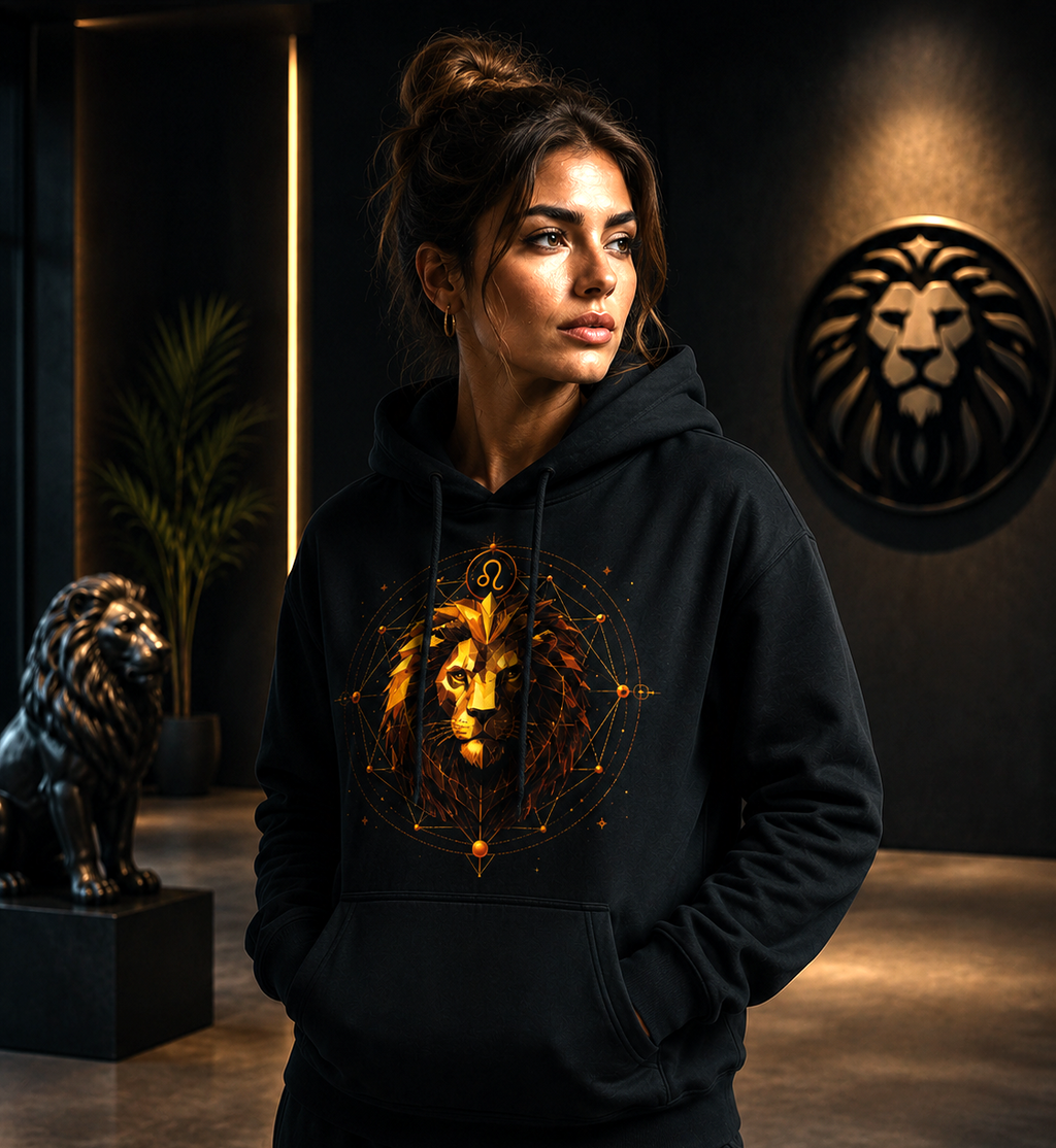 Mujer vistiendo sudadera negra Leo Facetas Reales con diseño zodiacal dorado