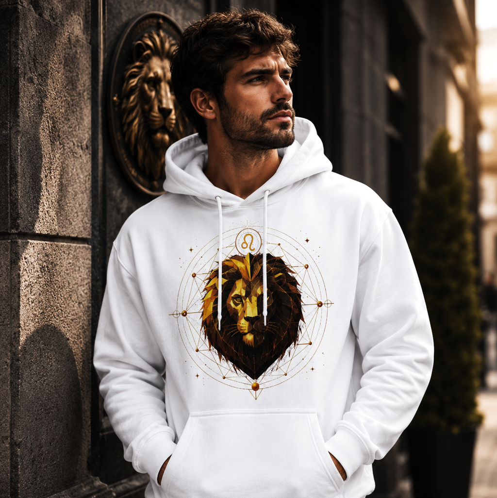 Hombre vistiendo sudadera blanca Leo Facetas Reales de la colección Astrálisis