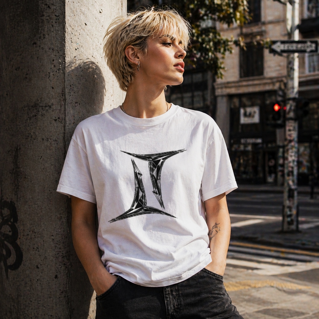 Camiseta blanca Géminis con símbolo geométrico minimalista diseño urbano Astrálisis