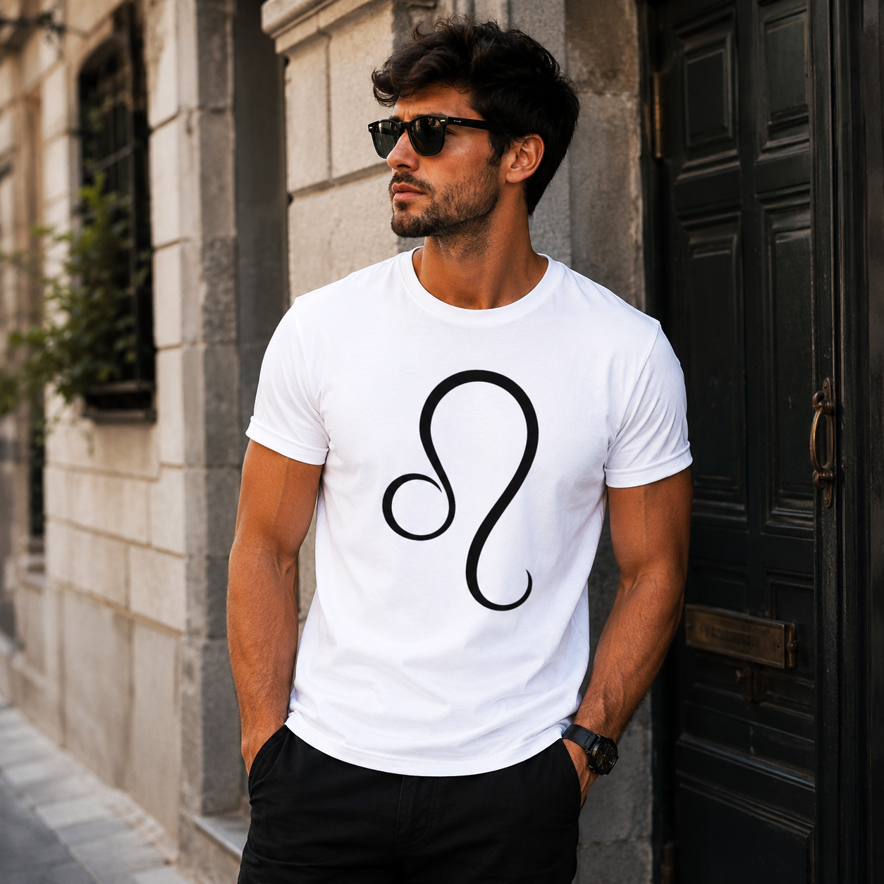 Hombre vistiendo camiseta blanca Leo con diseño elegante del símbolo astrológico de Leo