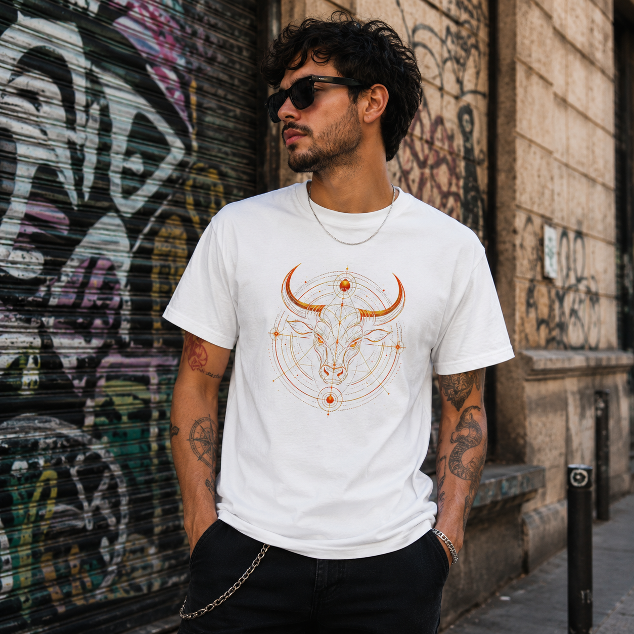 Hombre vistiendo camiseta blanca Toro Dorado con diseño astrológico exclusivo Astrálisis.