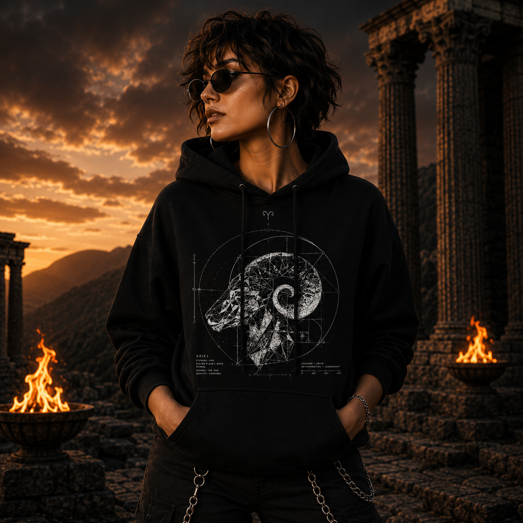 Hoodie premium Aries con diseño geométrico contemporáneo
