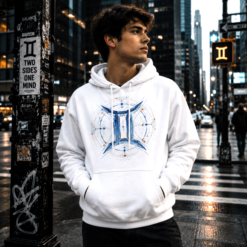 Hombre vistiendo Hoodie Blanco Tribal Géminis con diseño geométrico azul inspirado en la dualidad zodiacal.