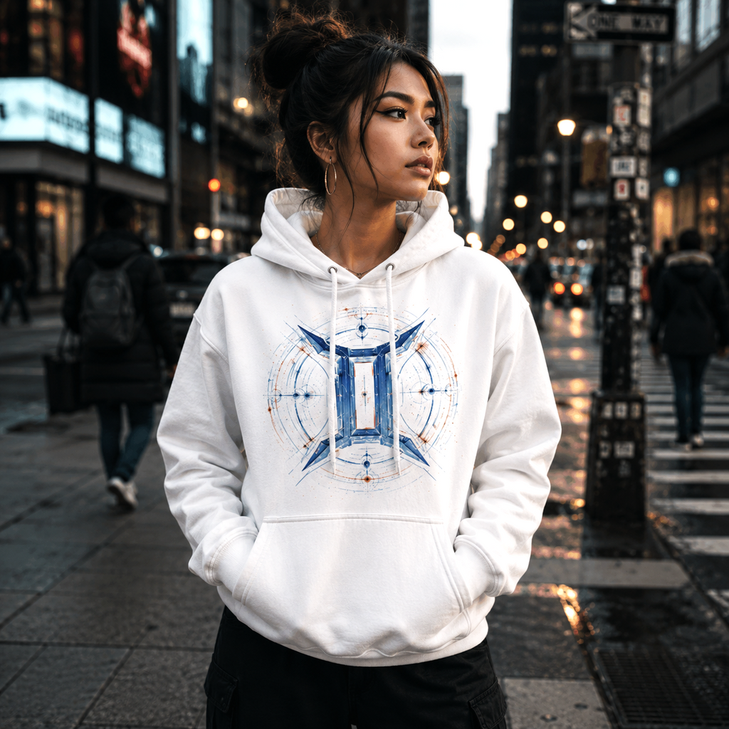 Mujer luciendo sudadera blanca Géminis con símbolo tribal contemporáneo en entorno urbano moderno.