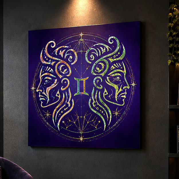 Canvas artístico Géminis con rostros duales tribales y símbolo zodiacal central en espacio contemporáneo.