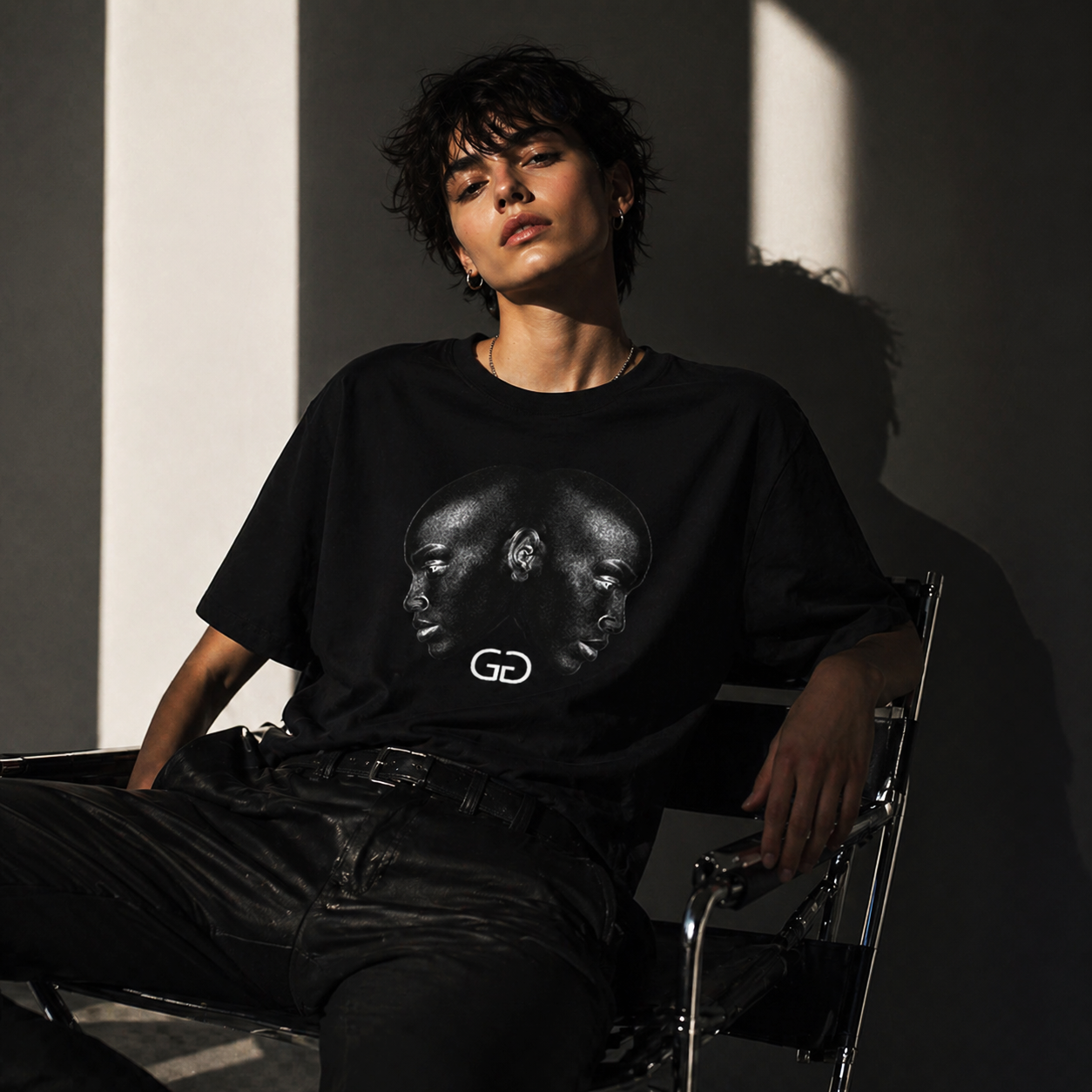Camiseta negra con ilustración de doble rostro Géminis estilo artístico Astrálisis