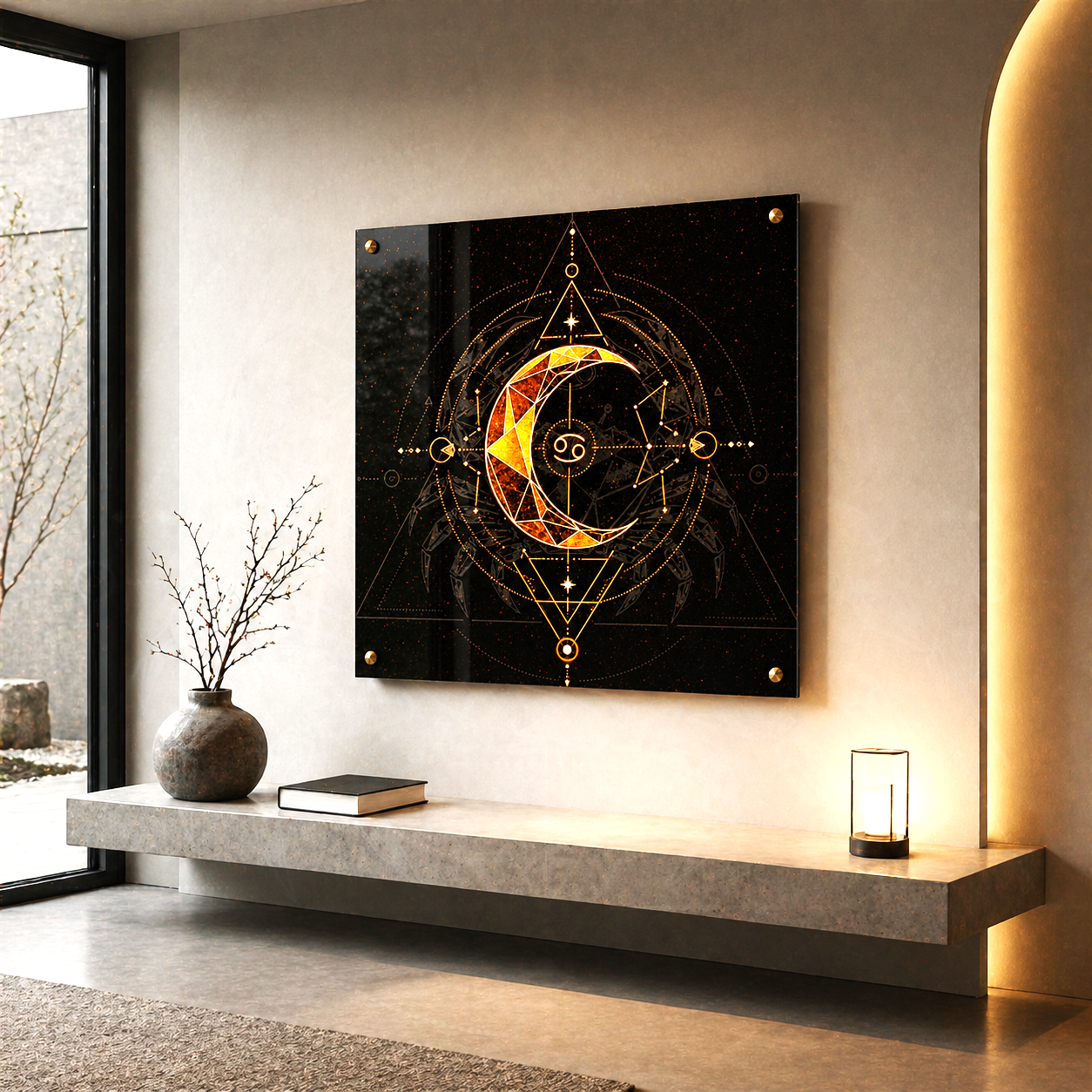 cuadro acrilico cancer geometrico en interior minimalista moderno