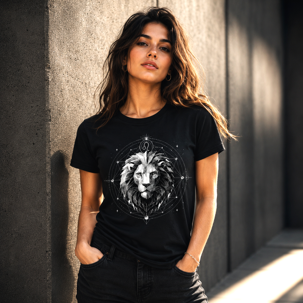 Mujer vistiendo camiseta negra Leo Geométrico colección Astrálisis
