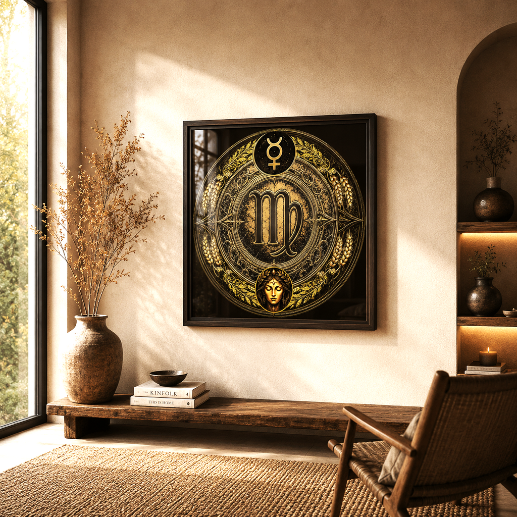 Diseño Virgo Atributos con símbolo zodiacal, geometría sagrada y elementos astrológicos