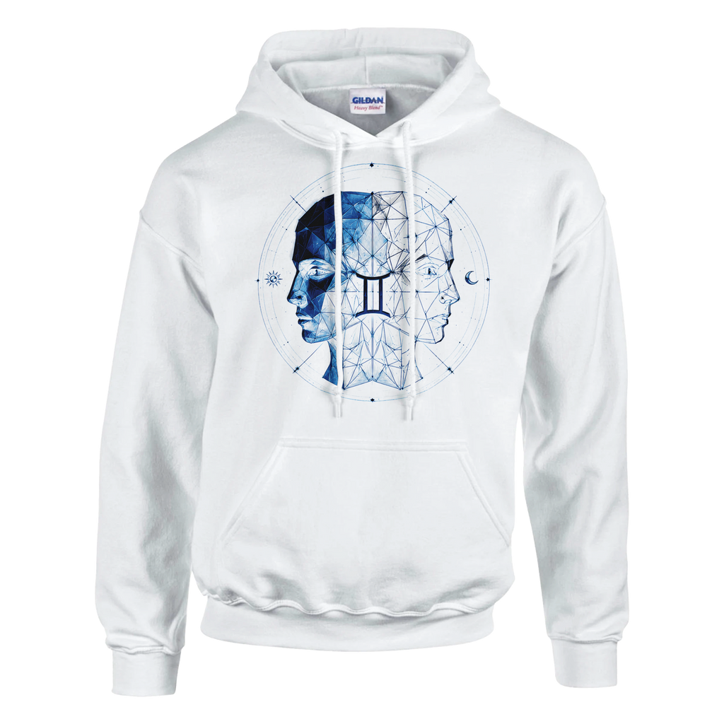 Vista frontal de Hoodie Blanco Geometría Géminis con diseño exclusivo de la colección Astrálisis.