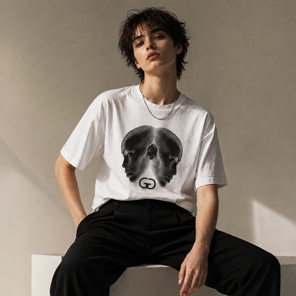 Camiseta blanca Géminis con ilustración de doble rostro estilo artístico Astrálisis