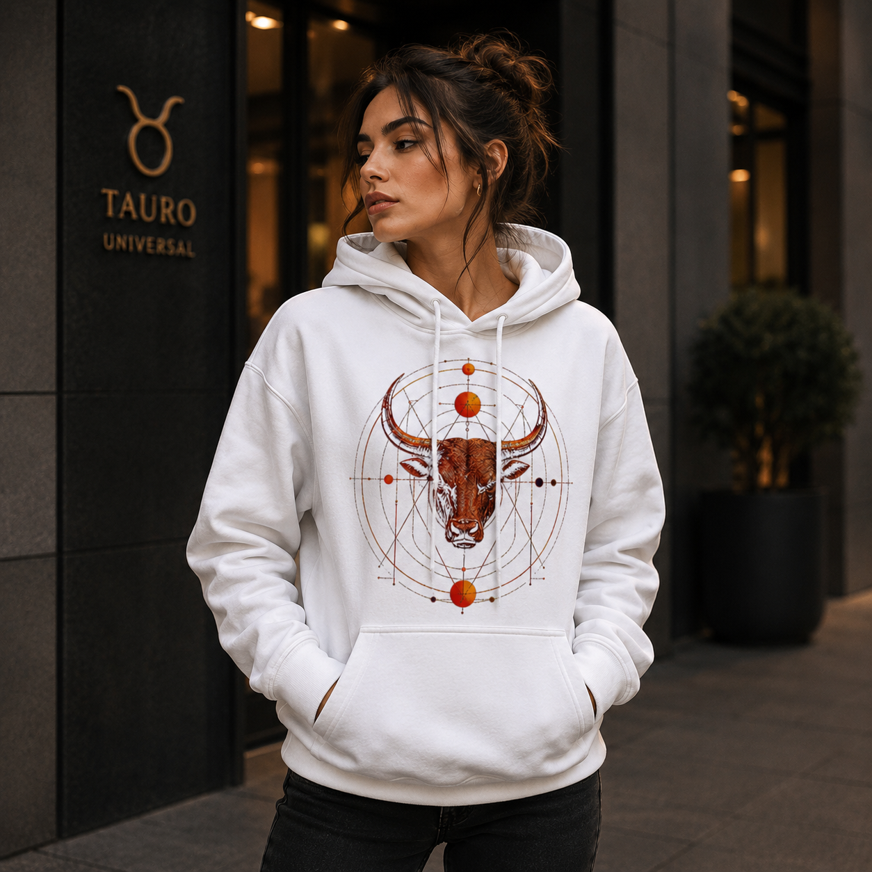 Mujer vistiendo hoodie blanco Tauro Sincronizado en entorno urbano contemporáneo.