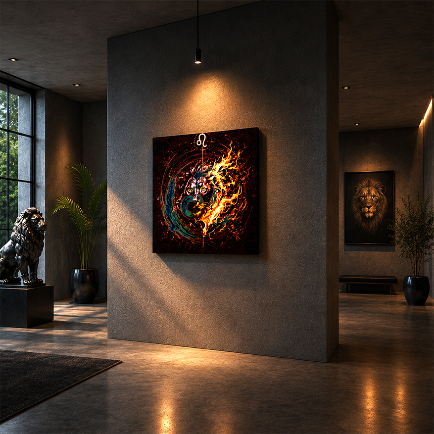 Arte Fine Art Leo y Símbolo en Llamas presentado en ambiente arquitectónico de lujo