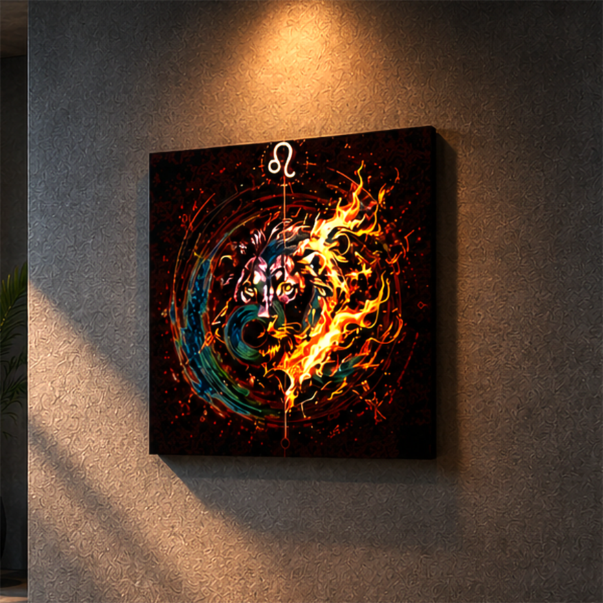 Canvas artístico inspirado en Leo con composición de fuego, energía zodiacal y simbolismo astral