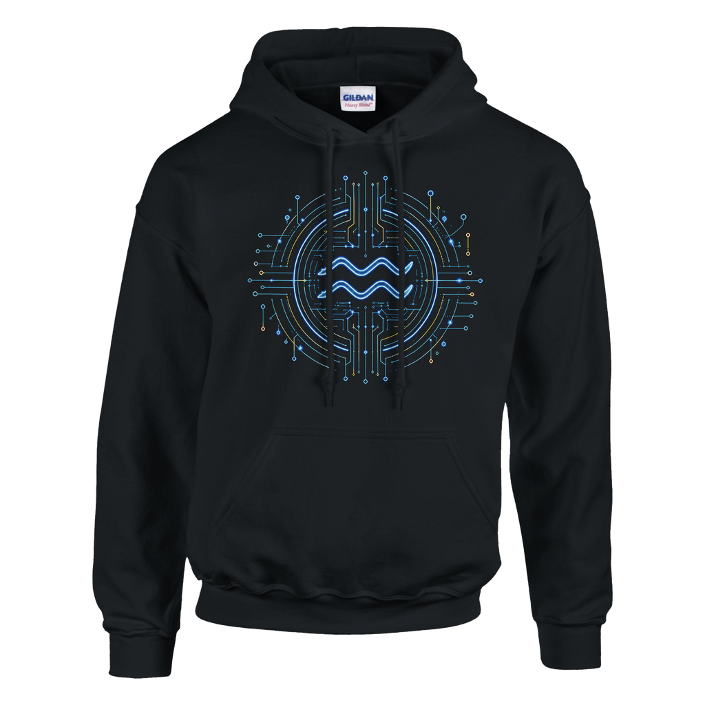 Sudadera negra Acuario con símbolo zodiacal azul y diseño tecnológico