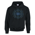Sudadera negra Acuario con símbolo zodiacal azul y diseño tecnológico