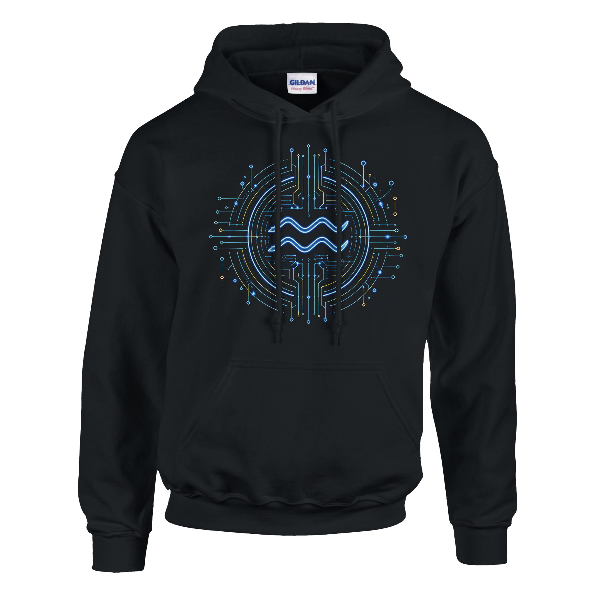 Sudadera negra Acuario con símbolo zodiacal azul y diseño tecnológico
