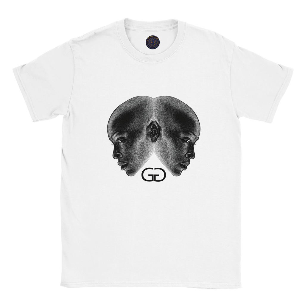 Camiseta blanca Géminis con ilustración de doble rostro estilo artístico y con logo astrálisis