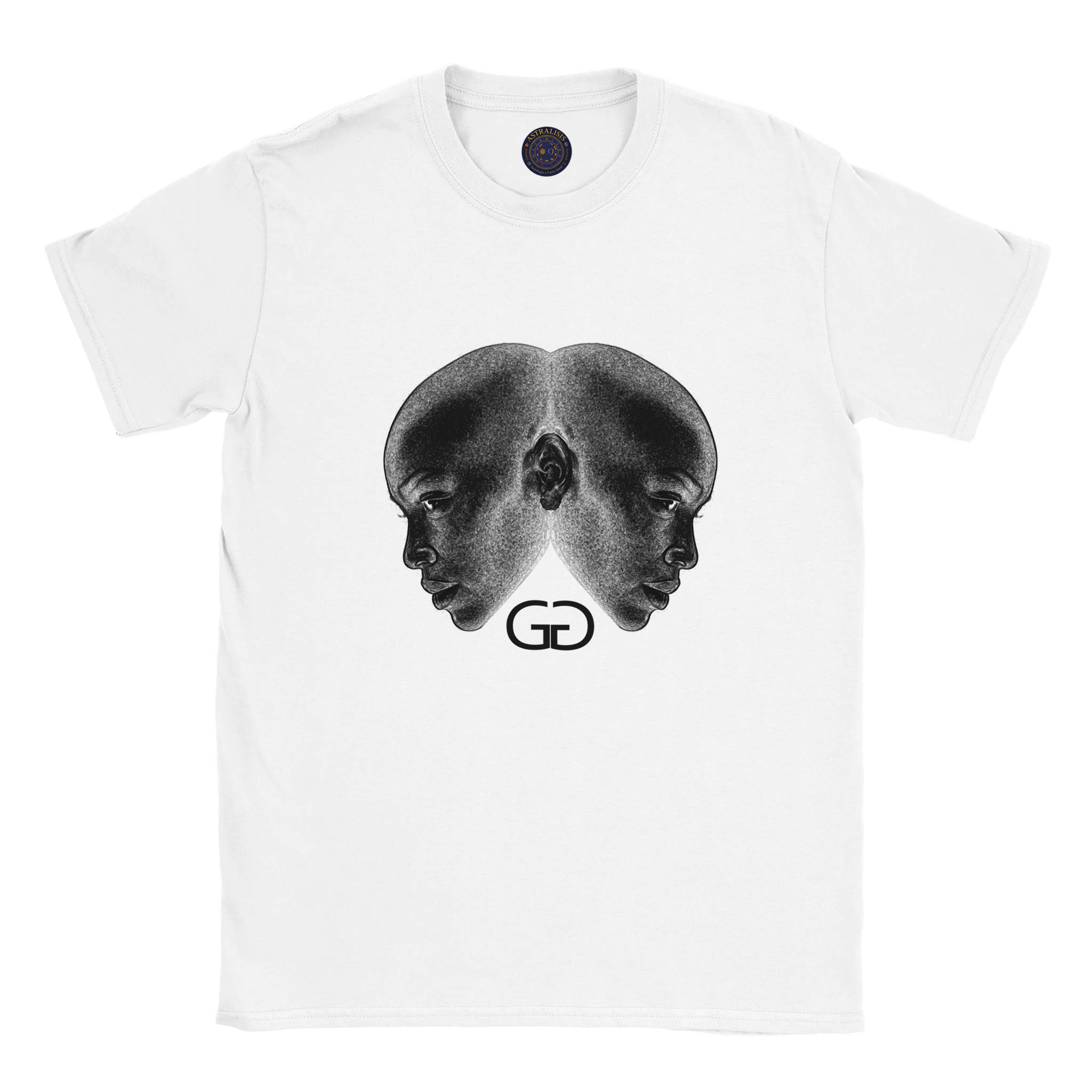 Camiseta blanca Géminis con ilustración de doble rostro estilo artístico y con logo astrálisis