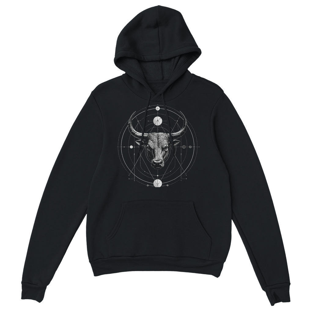 Sudadera negra con capucha y diseño Tauro Sincronizado impreso en alta definición.