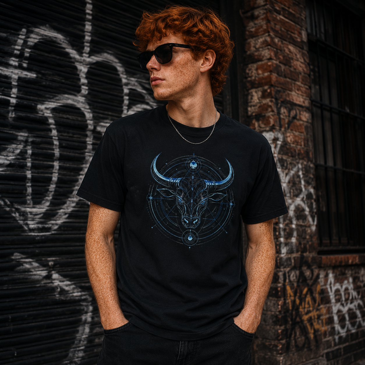 Joven vistiendo camiseta negra Toro Azul inspirada en el signo zodiacal Tauro.