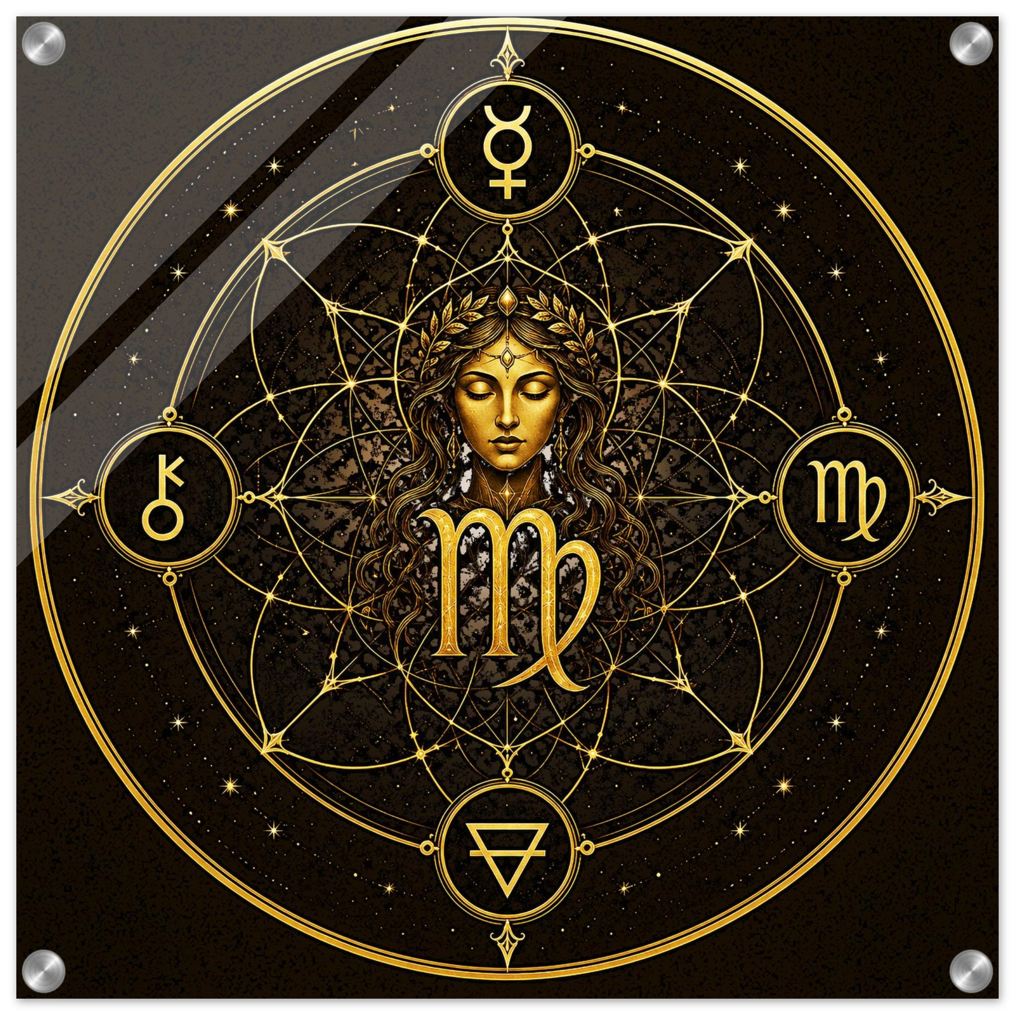 Símbolo del signo Virgo integrado en una composición de geometría sagrada para la colección Arte Zodiacal Astrálisis.