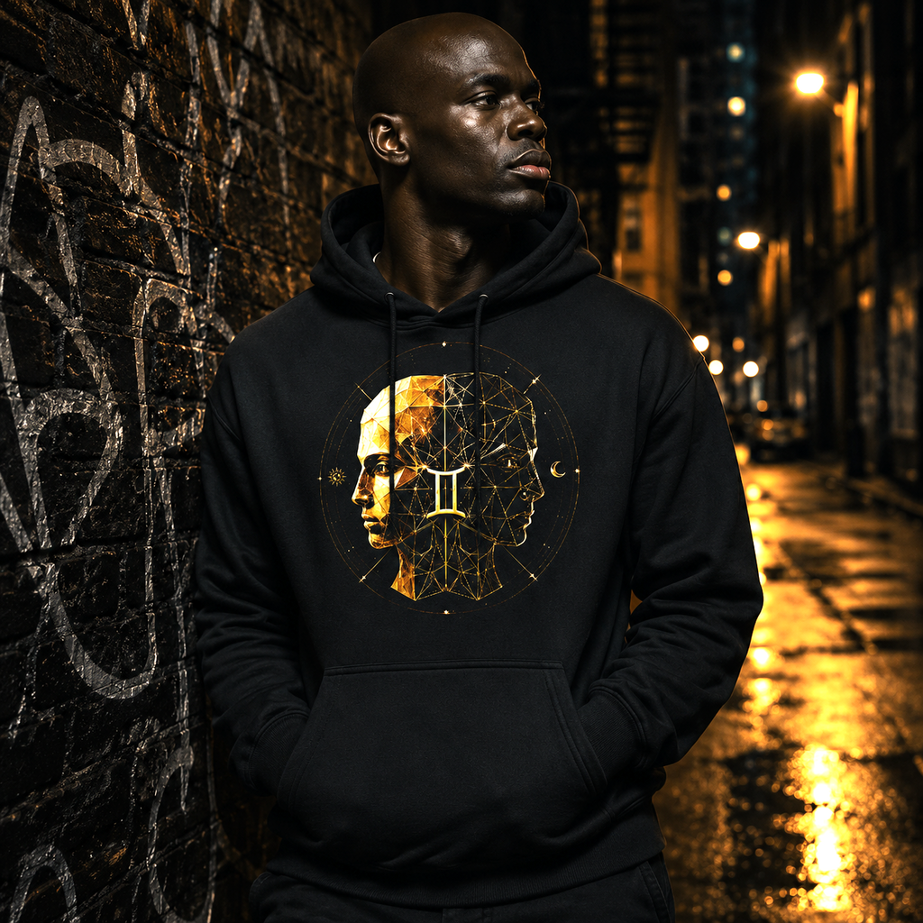 Hombre luciendo sudadera negra Géminis con ilustración geométrica inspirada en la dualidad zodiacal.